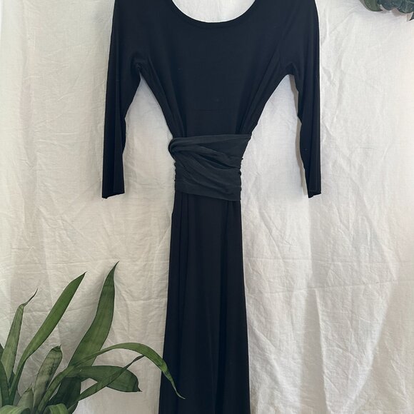 Three Dots Black 3/4 Long Sleeve Dress with Satin Bow Sash Medium VGUC - Picture 2 of 8